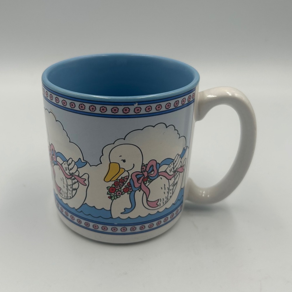 Vintage 1989 Peaches Goose Coffee Mug Blue Interior Ceramic Retro Kitchen